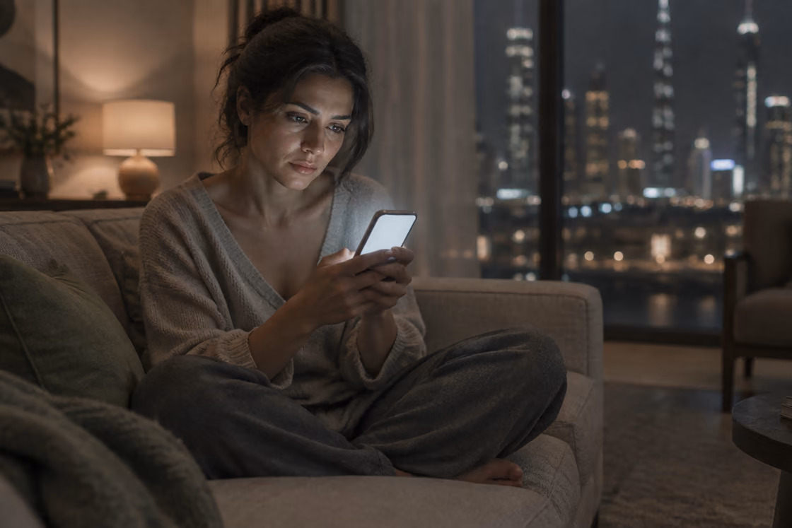 A woman at home in Dubai at night, asking her phone for a clinic.