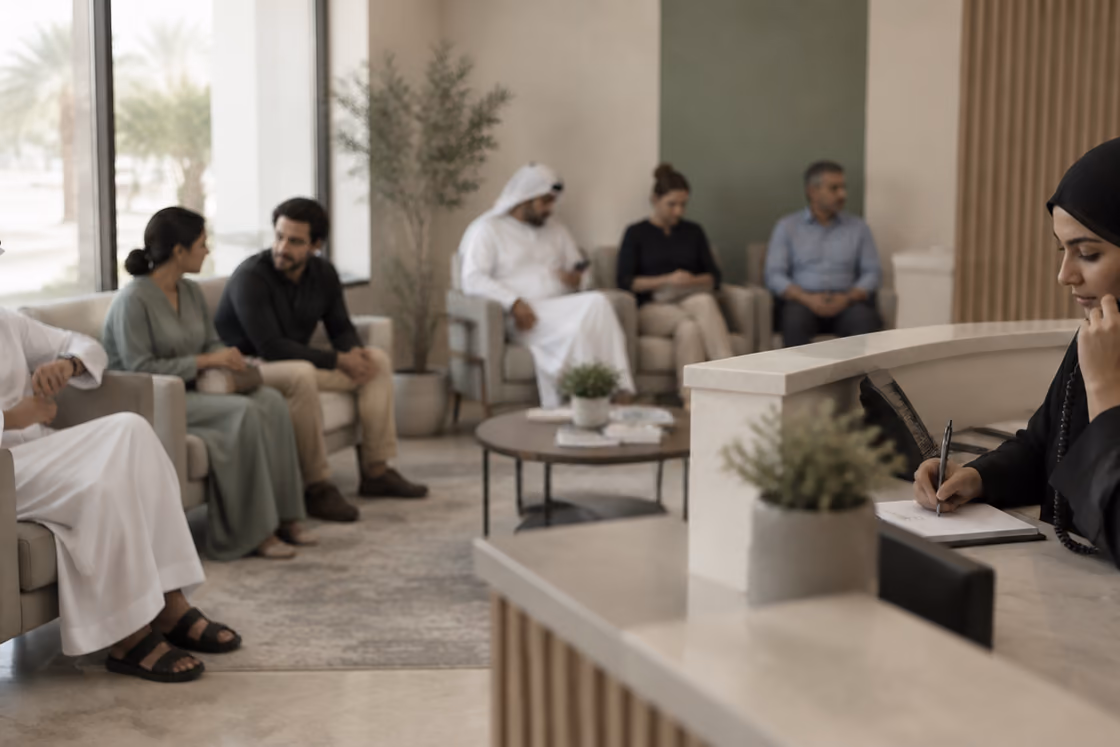 A full clinic waiting room in the Gulf; the receptionist takes a call.
